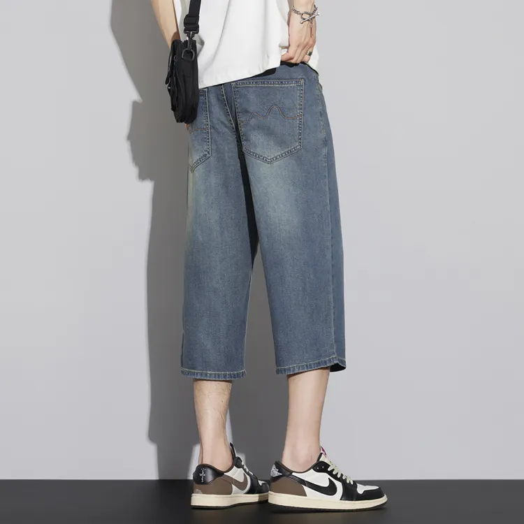 啄木鸟夏季薄款牛仔牛仔裤男士宽松休闲七分裤直筒潮牌冰丝短裤中