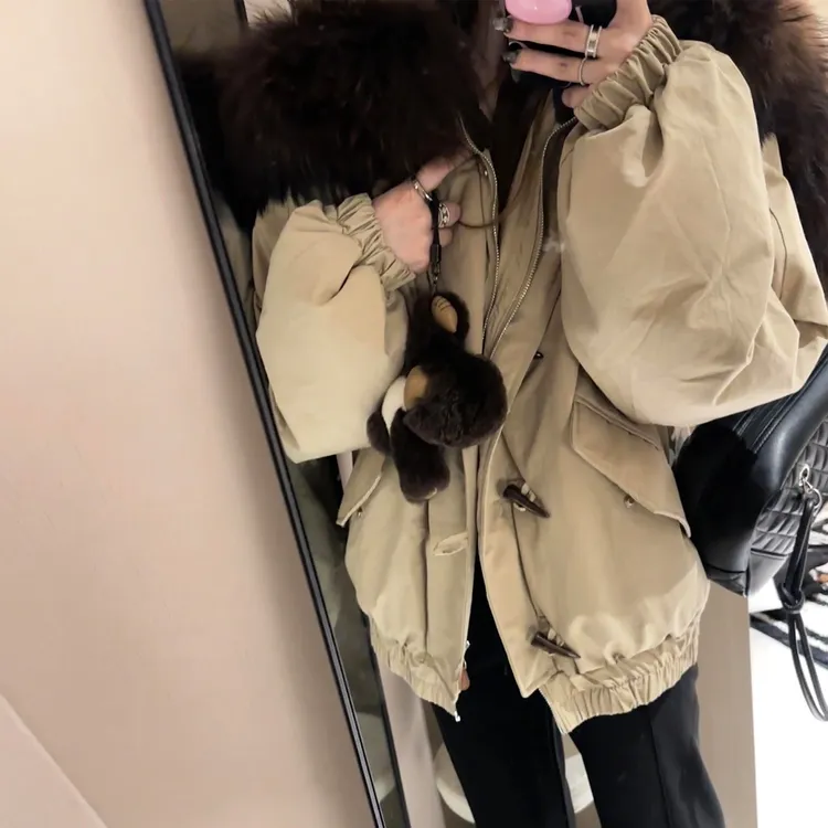 韩系棉服女冬季2025年新款连帽大毛领牛角扣加厚女大穿搭棉衣外套