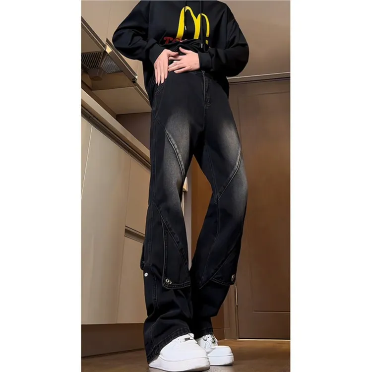 美式微喇牛仔裤男秋冬款工装休闲裤潮男百搭裤子男款宽松直筒裤春