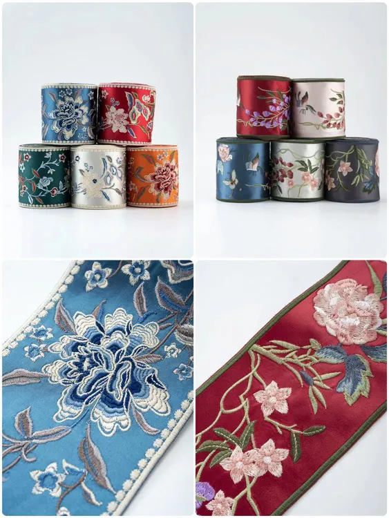 新中式繁花刺绣古典汉服旗袍拼接花边戏服霞披袖口布艺装饰布带