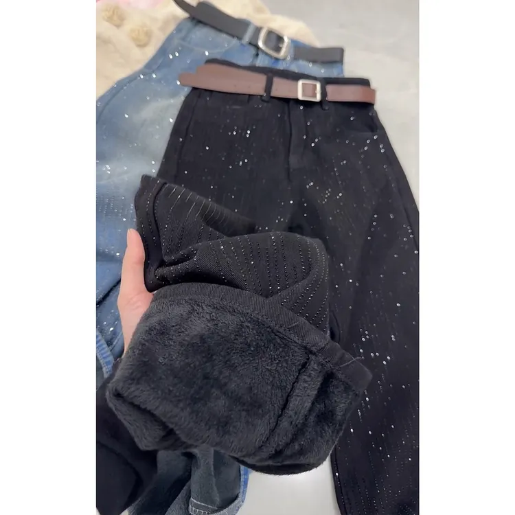 2025冬季新款韩版复古重工烫钻直筒牛仔裤女加绒显瘦百搭阔腿裤子