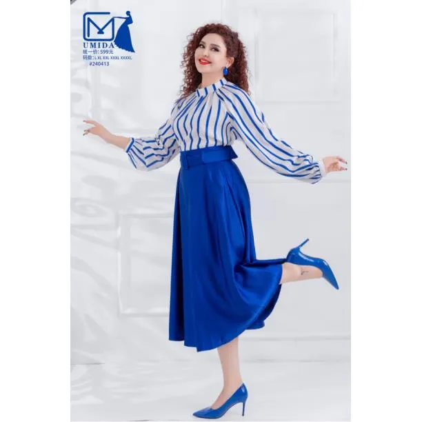 UMIDA女装连衣裙长袖蓝色时尚复古春季百褶撞色秋季长袖蓝色时尚