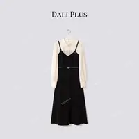 DALI PLUS“重磅醋酸褶皱”撞色拼接荷叶下摆连衣裙-D5ST1444