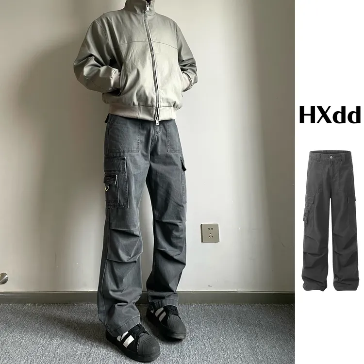 黑熊 美式复古工装裤vintage男女宽松直筒牛仔大口袋垂感长裤0099