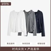 【大婷】2025早秋连帽长袖女褶皱收腰显瘦T恤时尚休闲百搭上衣8020