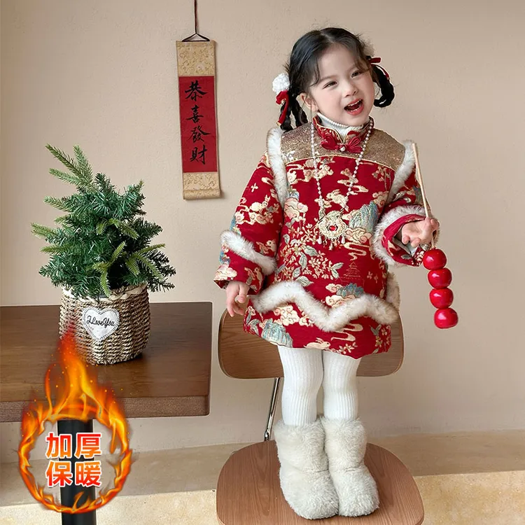 拜年服女童汉服国风旗袍棉服儿童唐装喜庆新年衣服宝宝中式演出服