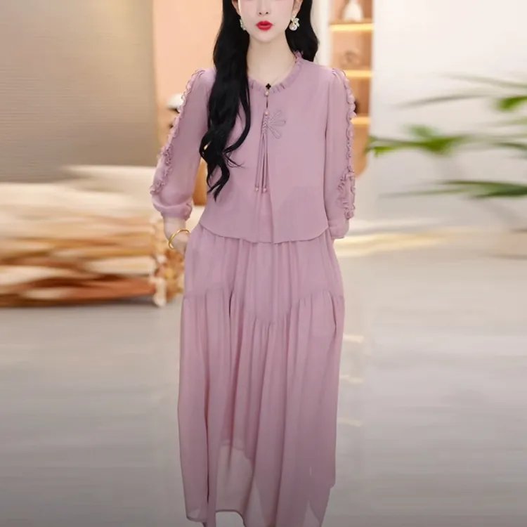 轻羽丝轻奢女装2025春夏季新款时尚遮肉显瘦中长款假两件连衣裙子