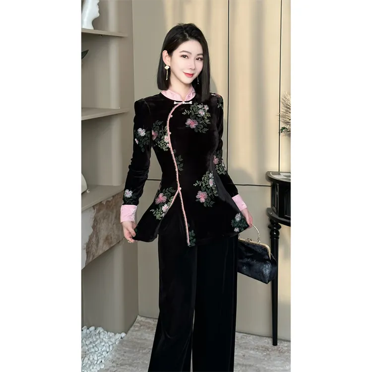 格娜【盛世繁花】秋冬新款优雅新中式国风刺绣上衣减龄气质两件套