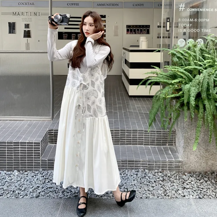法式温婉气质小香风套装裙女2025早秋新款打底衫印花背心裙两件套