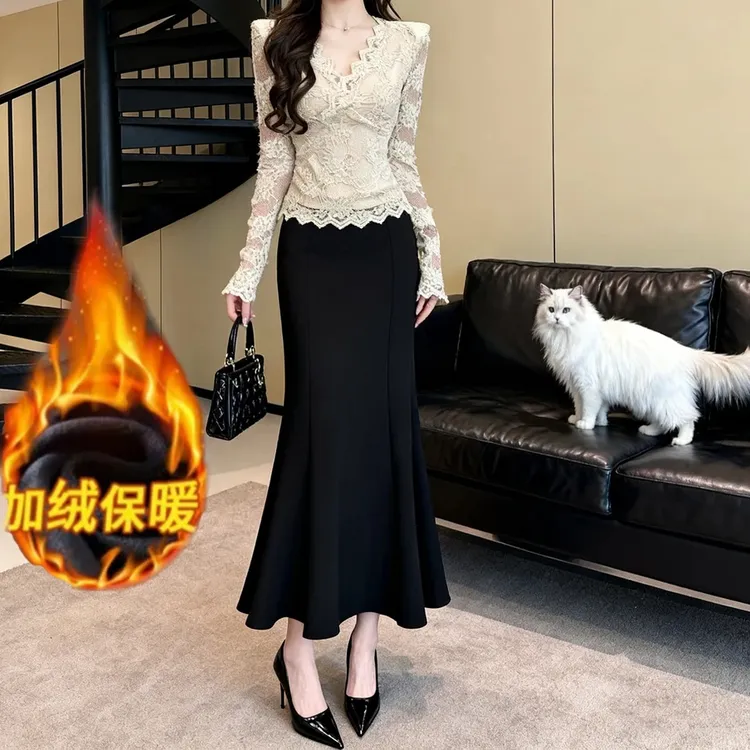 【联系客服有运补】秋冬气质加绒修身高腰遮胯a字包臀鱼尾裙003#