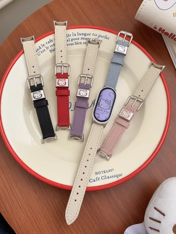 适用苹果手表s11表带kitty荔枝纹真皮小米手环109华为vivogt表带