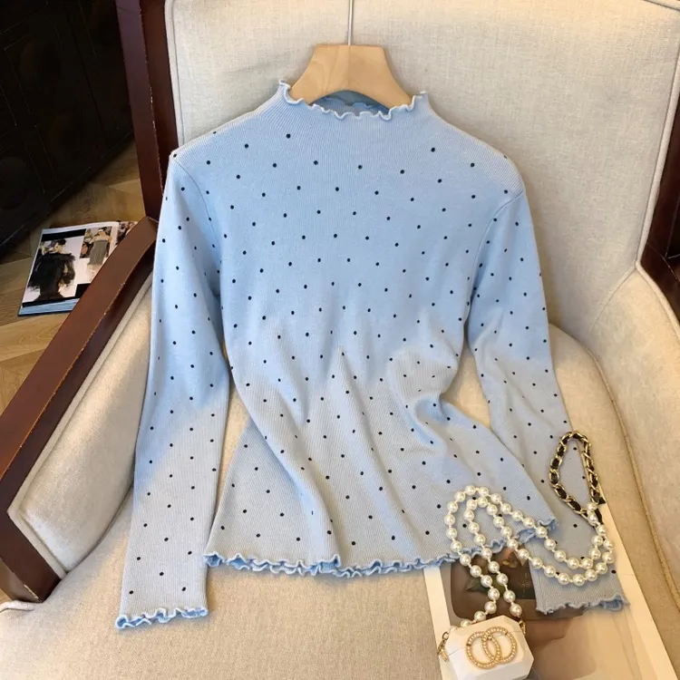 秋冬季半高领波点木耳花边毛衣洋气套头针织衫女百搭打底长袖上衣