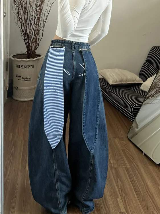 星星装饰牛仔裤女秋冬季减龄趣味美式解构设计感弯刀宽松阔腿裤子