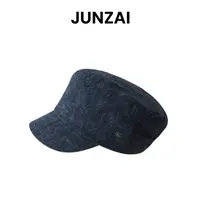 JUNZAI时尚老钱风深蓝色牛仔平顶帽复古英伦风遮阳鸭舌帽子贝雷帽