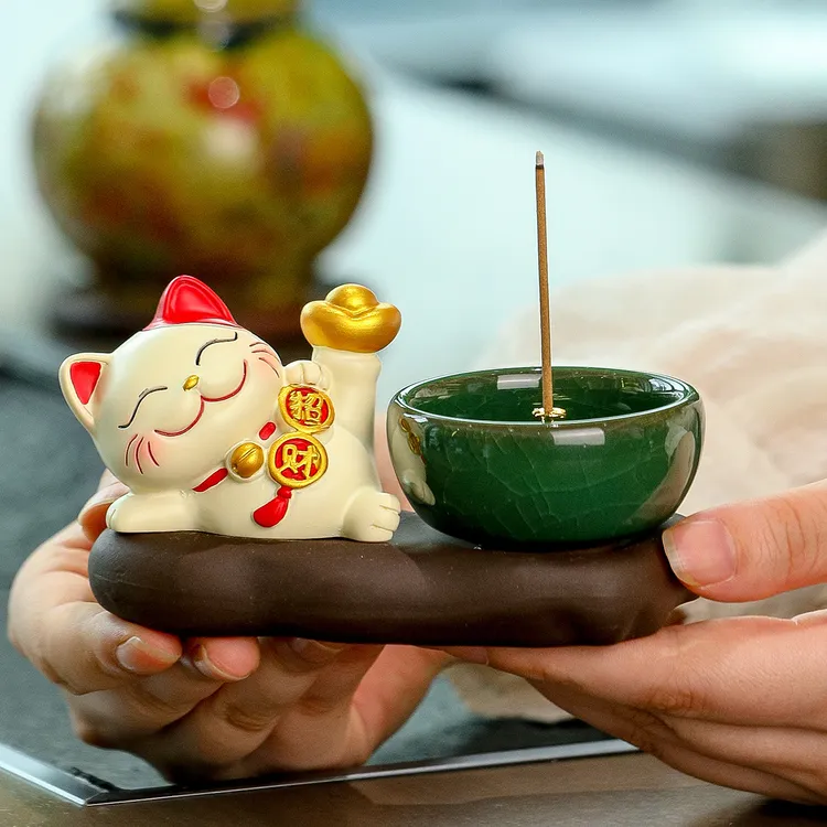 中式香道招财猫禅意香炉线香盘香插檀香沉香薰炉房间除味陶瓷香炉