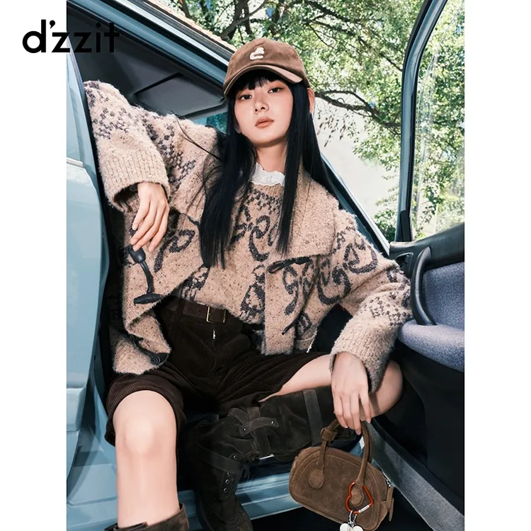 【商场同款新品】dzzit地素针织开衫25冬复古大翻领外套女3J4E5326W