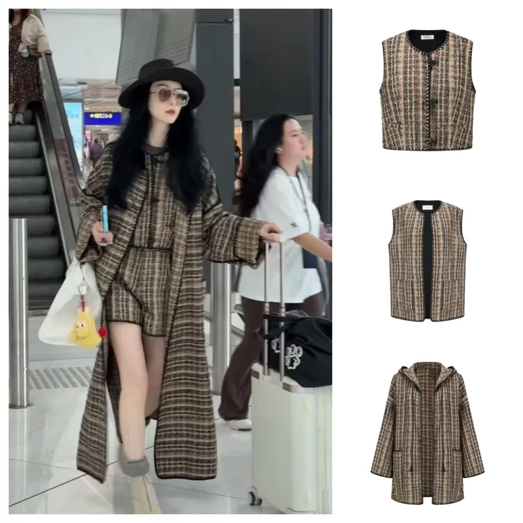 INTO THE EAST绿棕混织格纹牛角扣马甲 格纹宽马甲 连帽外套