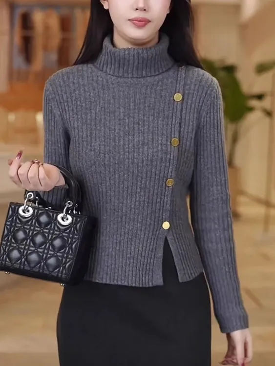 高领针织毛衣女士秋冬短款套头保暖打底衫开叉宽松显瘦洋气上衣女