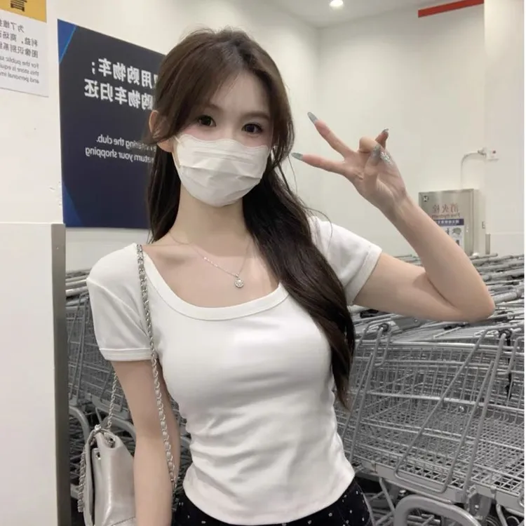 韩系纯欲风正肩短袖方领T恤2025春季新款修身显瘦百搭短款上衣女