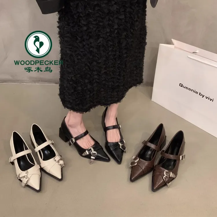 啄木鸟法式气质尖头高跟鞋黑色单鞋2025新款春夏季玛丽珍小皮鞋女
