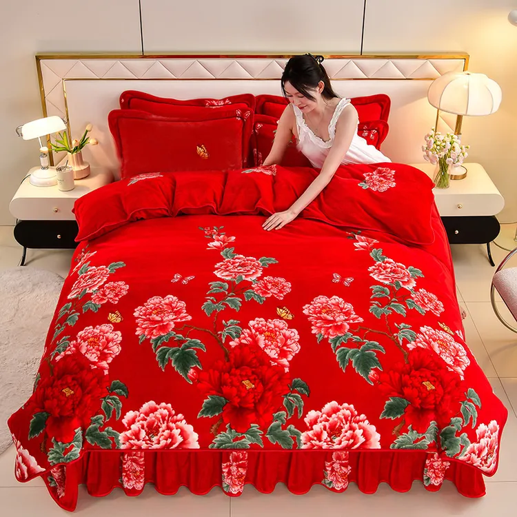 红色乔迁之喜正品牛奶绒四件套喜庆结婚本命年送礼加厚床品四件套