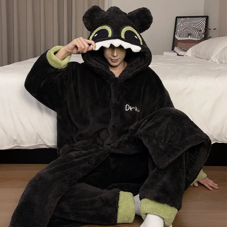 男士睡袍秋冬款珊瑚绒加厚加绒保暖卡通学生睡衣家居服套装浴袍