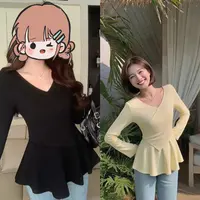 胖MM暑 D25072秋季高级感正肩洋气精致长袖修身收腰显瘦遮肉T恤