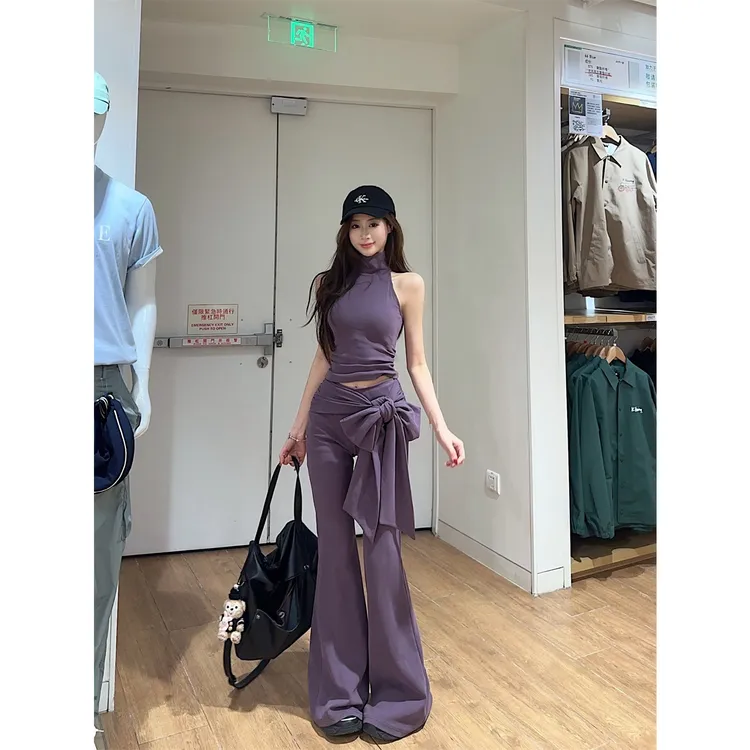 2025夏季女款烟熏巴曼气质高领无袖微喇女春季紫色显瘦高腰女套装