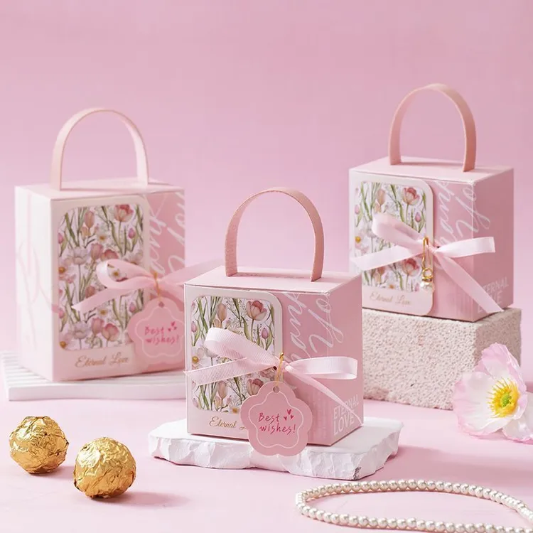 2025新款结婚欧式小清新手提喜糖盒粉色印花伴手礼回礼纸质包装盒