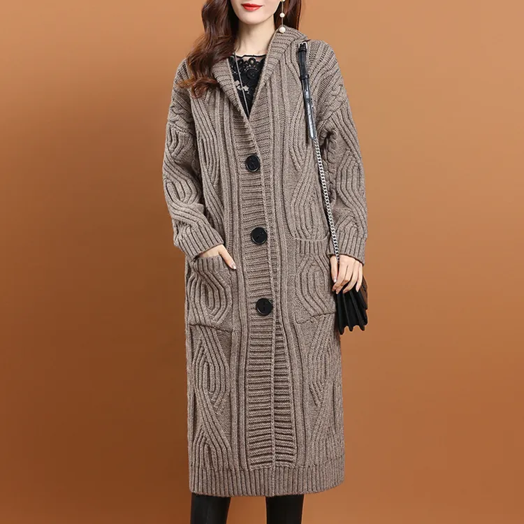 连帽中长款针织开衫女2025秋冬新款气质宽松加厚保暖过膝毛衣外套