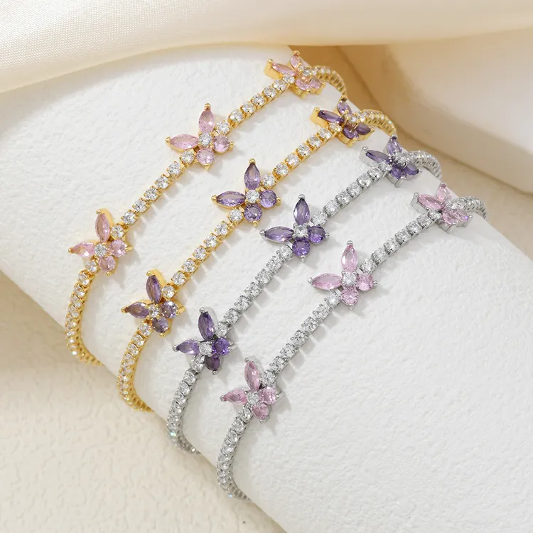 黄铜合成锆石手链 日韩高级感森系粉红轻奢小众气质仙女蝴蝶手链