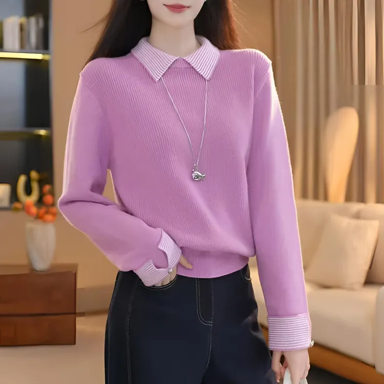 假两件翻领气质通勤简约针织衫女毛衣高级感内搭秋冬新款打底上衣