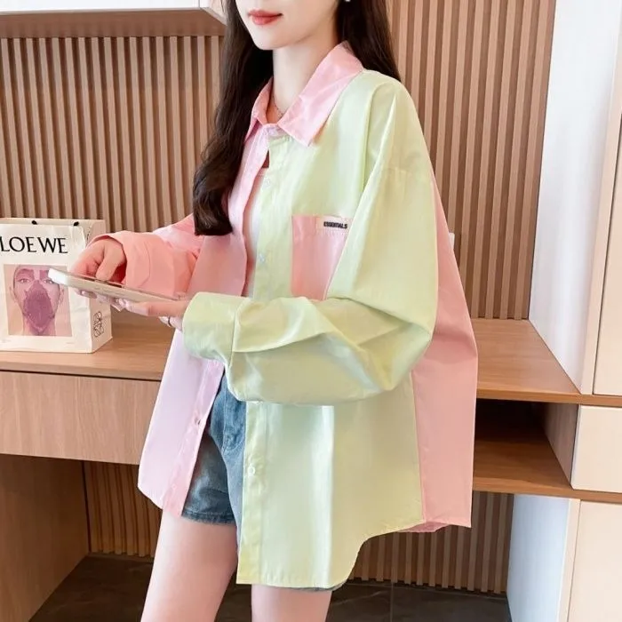 大码胖MM秋季新款薄款减龄拼色POLO领开衫长袖衬衫外套女