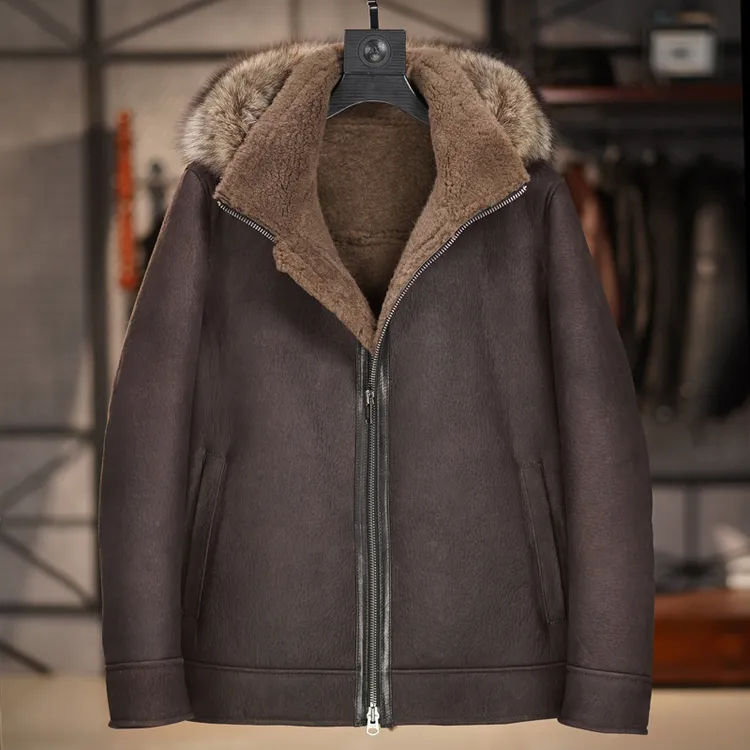 水洗油蜡原生态皮毛一体男b3飞行服夹克绵羊毛皮草真皮冬加厚保暖