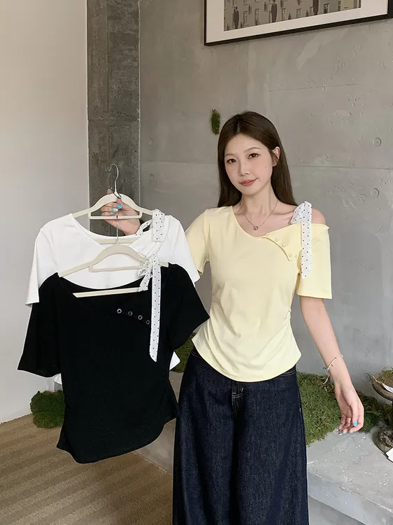 2025夏装新款胖mm大码女设计感蝴蝶结系带露肩弧形短袖T恤A1384