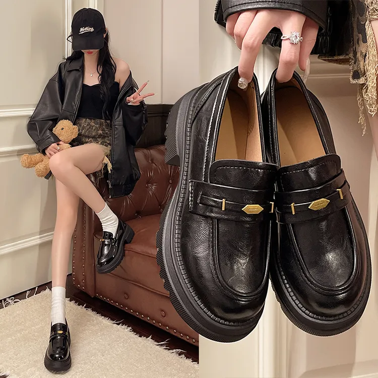 黑色厚底乐福鞋女2025春秋新款配裙子一脚蹬单鞋粗跟英伦风小皮鞋