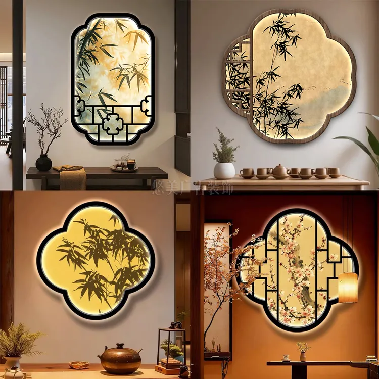 新中式海棠花窗发光装饰画竹影茶室火锅店灯箱宋式美学玄关挂画