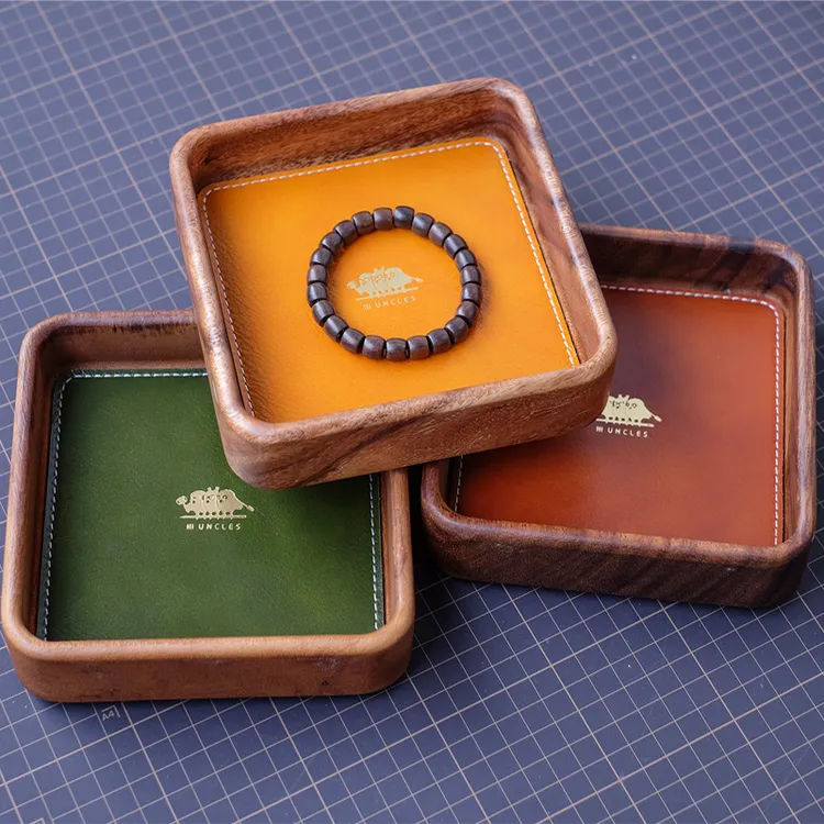 胡桃木拼牛皮桌面收纳盘 文玩手串核桃托盘 头层牛皮首饰展示盘子