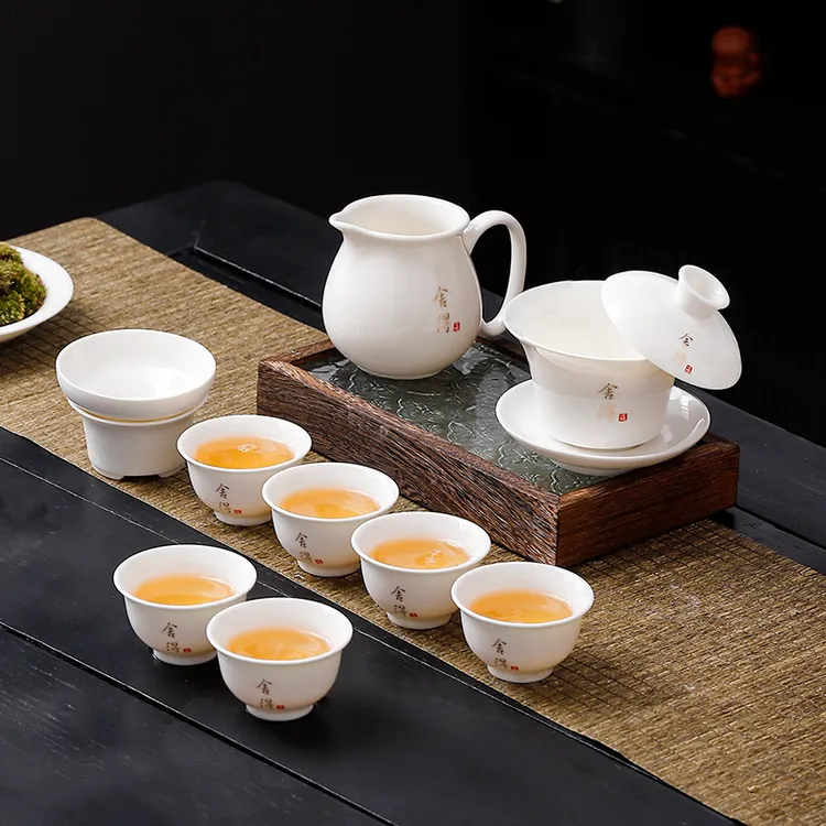 羊脂玉白瓷功夫茶具套装盖碗家用办公泡茶碗带盖茶杯高档防烫手