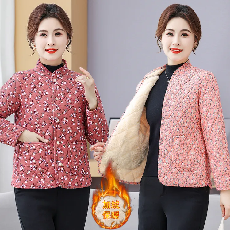 妈妈冬季轻薄奶奶碎花小棉袄中老年女加绒款内胆棉衣加厚保暖棉服
