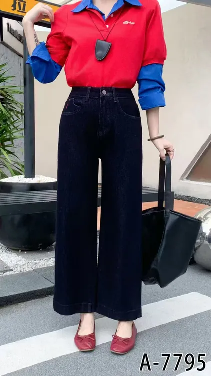 7795秋款正品韩版高腰显瘦弹力九分直筒裤女牛仔阔腿裤
