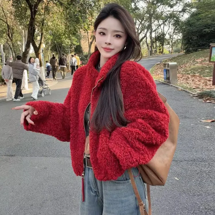 冬天网红立领毛绒短外套女2025冬季新款保暖加厚百搭休闲皮毛一体