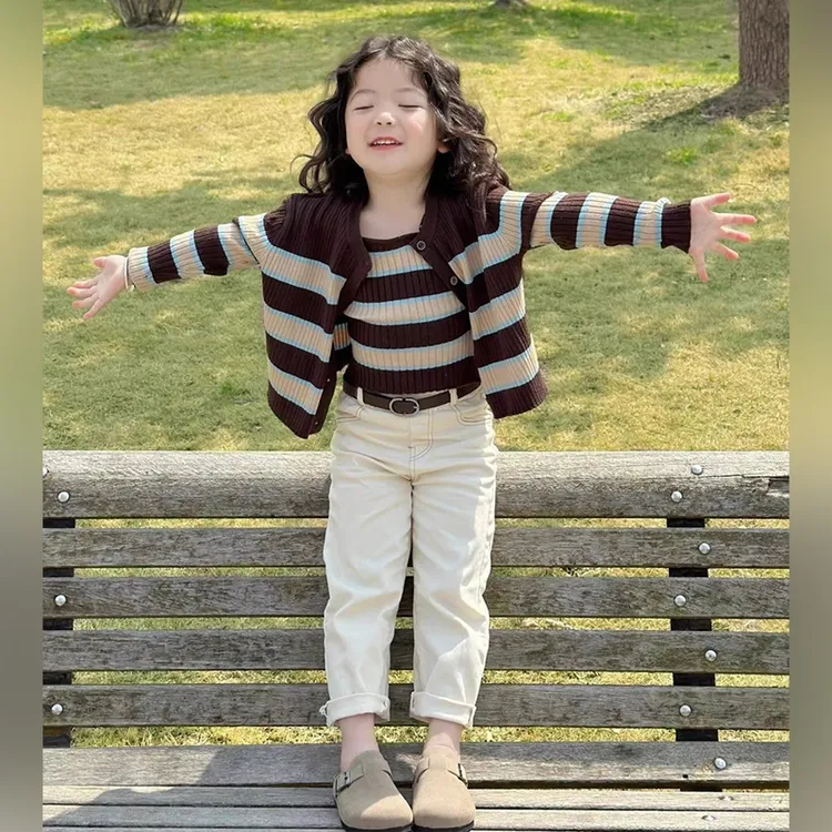 女童秋装套装条纹开衫2025新款女宝宝春秋洋气直筒铅笔裤两件套潮