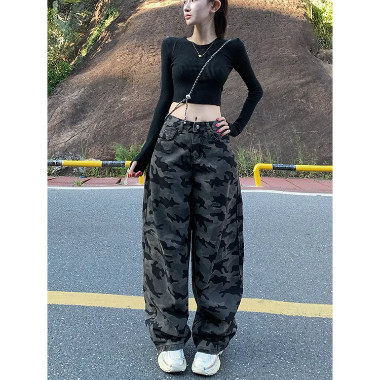 迷彩弯刀牛仔裤女2025秋季新款美式嘻哈宽松显瘦高腰阔腿拖地长裤