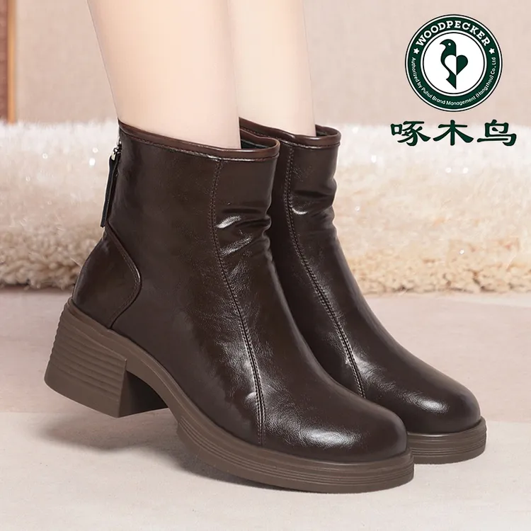 啄木鸟马丁靴加绒保暖皮鞋粗跟复古短靴百搭女款瘦瘦靴春秋单靴子