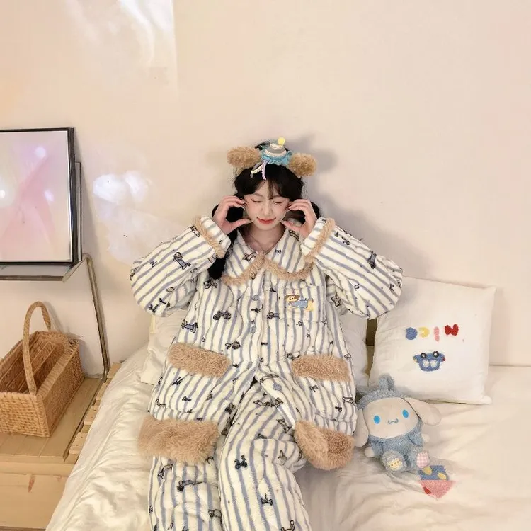 秋冬加厚保暖睡衣甜美条纹卡通少女可外穿三层夹棉长袖家居服套装