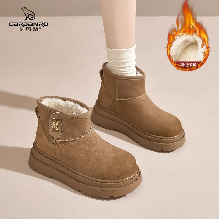 卡丹路加绒雪地靴女 2025 冬季新款卡其色绒面厚底保暖休闲短靴