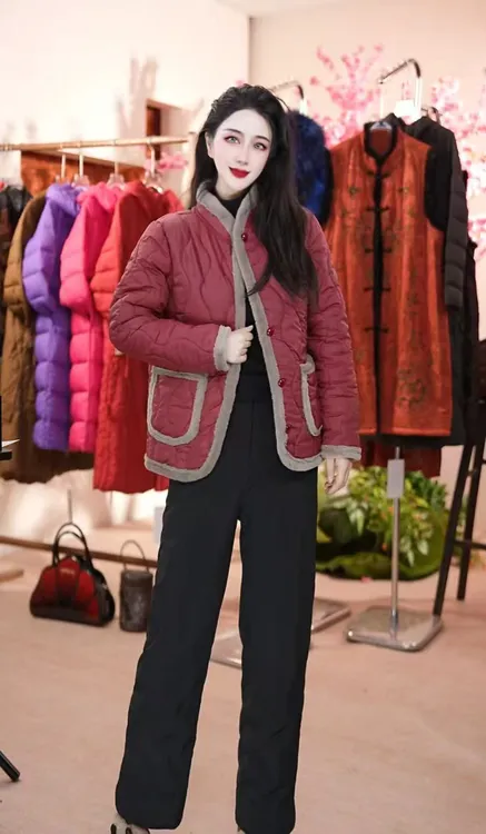 花朵短款女短款棉服小棉加厚加绒女棉服红色