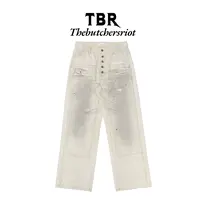 TBR 双膝5连扣奶油色水洗做旧泼墨伐木裤宽松直筒版型牛仔裤