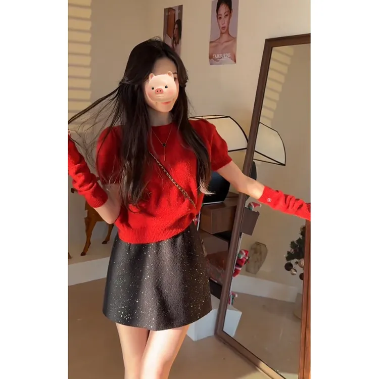 本命年新年氛围感穿搭红色泡泡袖短袖毛衣女秋冬季袖套针织衫上衣